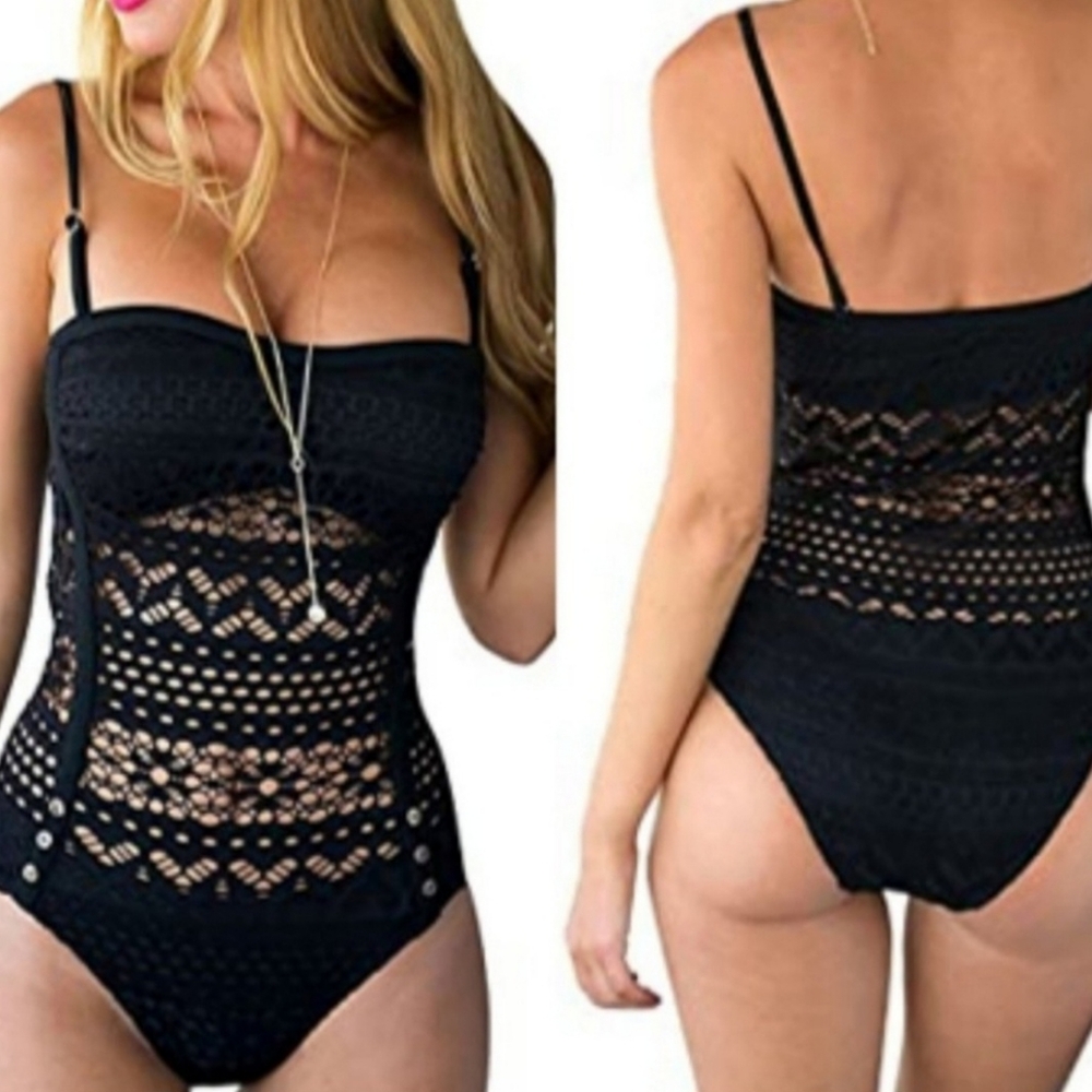 Black Crochet One-Piece Swimsuit - Picture 2 of 6